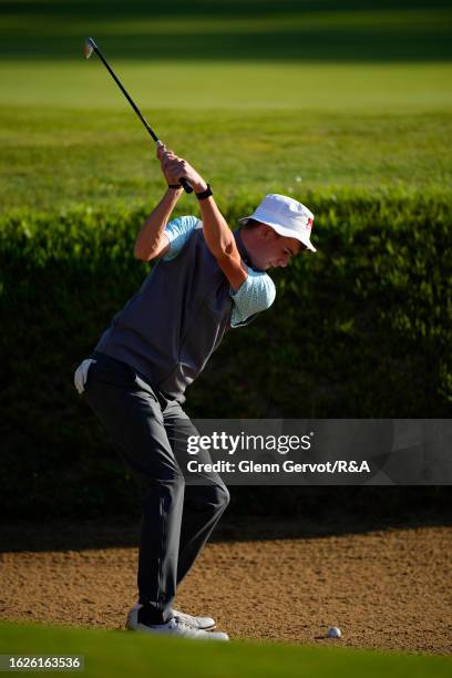 Team Great Britain and Ireland player Jack Murphy tries to gets out of the bunker on the 6th hole on Day Two of the The Jacques Leglise Trophy at...