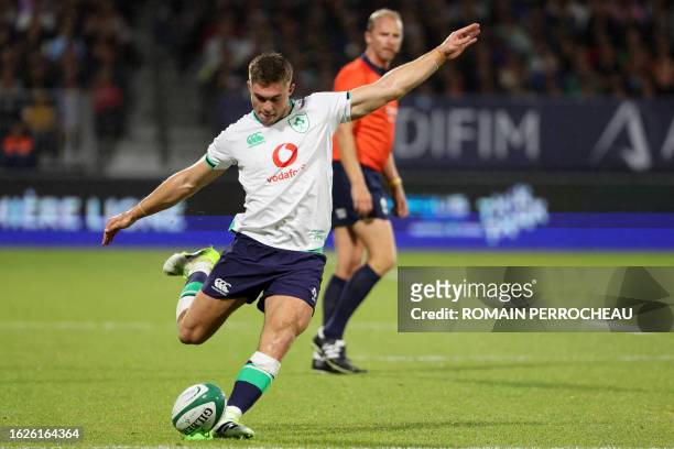 Ireland's fly half Jack Crowley shots a penalty during the pre-World Cup rugby union test match between Ireland and Samoa on August 26, 2023 at...