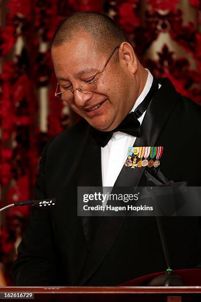 King Tupou VI makes a speech during a State Dinner at Government House on February 25, 2013 in Wellington, New Zealand. The King of Tonga, His...