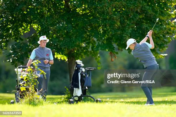 Team Great Britain and Ireland player Sean Keeling makes his 2nd shot on the 15th hole on Day Two of the The Jacques Leglise Trophy at Golf de...