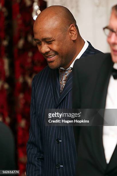Former All Black Jonah Lomu looks on during a State Dinner at Government House on February 25, 2013 in Wellington, New Zealand. The King of Tonga,...