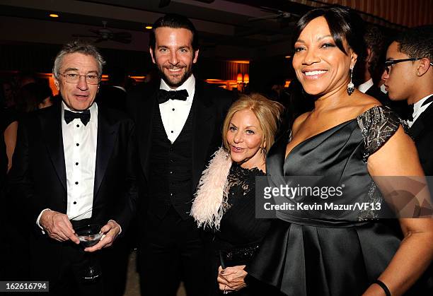 Robert DeNiro, Bradley Cooper, Gloria Cooper and Grace Hightower attend the 2013 Vanity Fair Oscar Party hosted by Graydon Carter at Sunset Tower on...