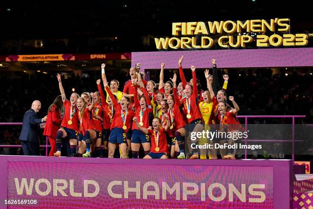 The players of the spanisch womens national team celebrate on stage after winning the FIFA Women's World Cup Australia & New Zealand 2023 Final match...