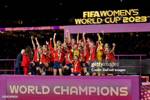 The players of the spanisch womens national team celebrate on stage after winning the FIFA Women's World Cup Australia & New Zealand 2023 Final match...