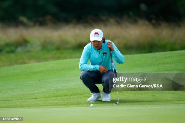 Team Great Britain and Ireland player Kris Kim checks the green on the 13th hole on Day Two of the The Jacques Leglise Trophy at Golf de Chantilly on...