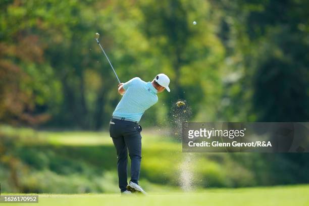 Team Great Britain and Ireland player Dylan Shaw-Radford tees of on the 14th hole on Day Two of the The Jacques Leglise Trophy at Golf de Chantilly...