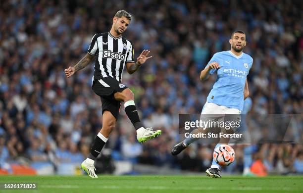 Bruno Guimaraes of Newcastle in action during the Premier League match between Manchester City and Newcastle United at Etihad Stadium on August 19,...