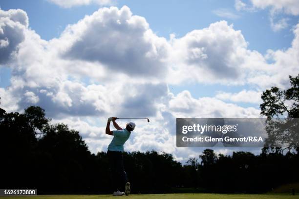 Team Great Britain and Ireland player Niall Sheils Donegan tees off on the 14th hole on Day Two of the The Jacques Leglise Trophy at Golf de...