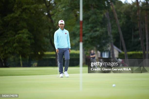 Team Great Britain and Ireland player Kris Kim reacts after missing his putt on the 15th hole on Day Two of the The Jacques Leglise Trophy at Golf de...