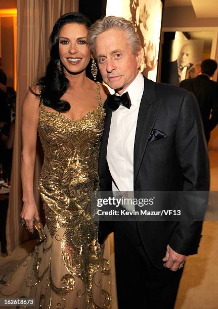 Catherine Zeta-Jones and Michael Douglas attend the 2013 Vanity Fair Oscar Party hosted by Graydon Carter at Sunset Tower on February 24, 2013 in...