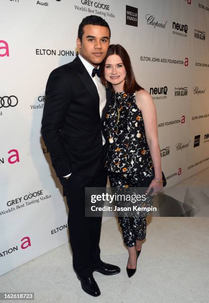 Actor Jacob Artist and actress Bonnie Wright attend the 21st Annual Elton John AIDS Foundation Academy Awards Viewing Party at West Hollywood Park on...