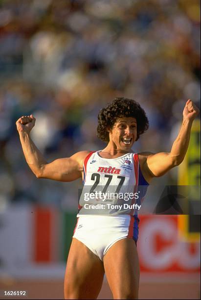 Fatima Whitbread of Great Britain celebrates winning the gold medal in the Javelin event at the 1987 World Championships in Rome. \ Mandatory Credit:...