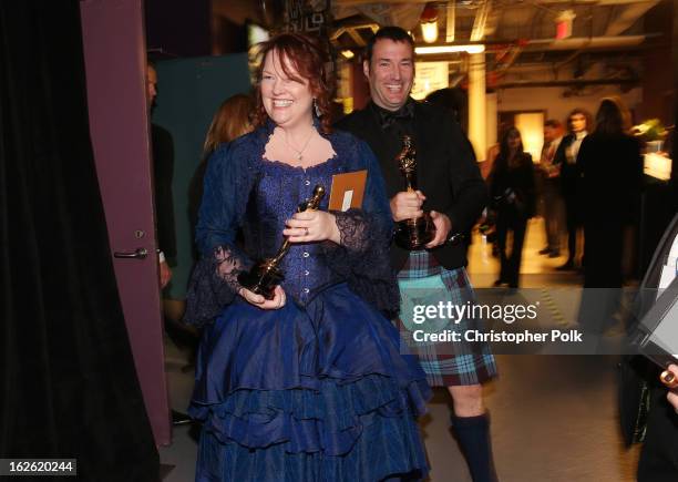 Directors Brenda Chapman and Mark Andrews, winners of the Best Animated Feature award for 'Brave, backstage during the Oscars held at the Dolby...