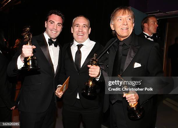 Sound engineers Simon Hayes, Andy Nelson and Mark Paterson , winners of the Best Sound Mixing award for 'Les Miserables,' backstage during the Oscars...
