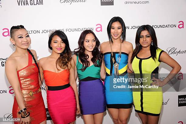 Natsuko Django, JiHae Lee, Angeli Flores, Victoria Chan and Alisha Budhrani of the band Blush attend the 21st Annual Elton John AIDS Foundation...