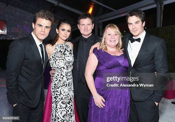 Actors Paul Wesley and Nina Dobrev, Director Kevin Williamson, writer Julie Plec and actor Ian Somerhalder attend Grey Goose at 21st Annual Elton...