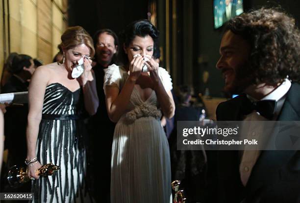 Artist Inocente Izucar with filmmakers Andrea Nix Fine and Sean Fine, winners of the Best Documentary Short Subject award for 'Inocente,' backstage...