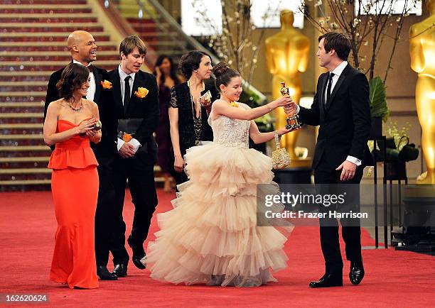 Writer/director Shawn Christensen and actress Fatima Ptacek depart the Oscars at Hollywood & Highland Center on February 24, 2013 in Hollywood,...