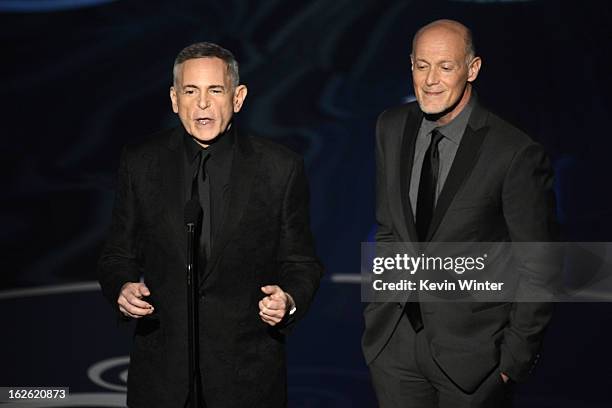 Telecast Executive Producer Neil Meron and producer Craig Zadan onstage during the Oscars held at the Dolby Theatre on February 24, 2013 in...