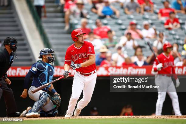 Nolan Schanuel of the Los Angeles Angels during game one of a doubleheader at Angel Stadium of Anaheim on August 19, 2023 in Anaheim, California.