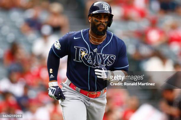 Yandy Diaz of the Tampa Bay Rays in the ninth inning during game one of a doubleheader at Angel Stadium of Anaheim on August 19, 2023 in Anaheim,...