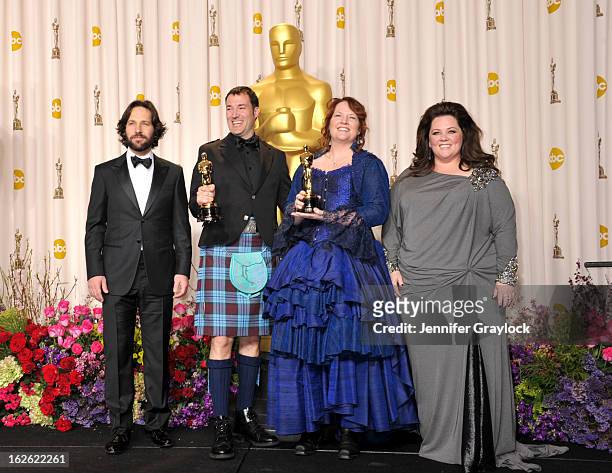 Actor Paul Rudd, Mark Andrews, Brenda Chapman and actress Melissia McCarthy in the press room during the 85th Annual Academy Awards held at Hollywood...