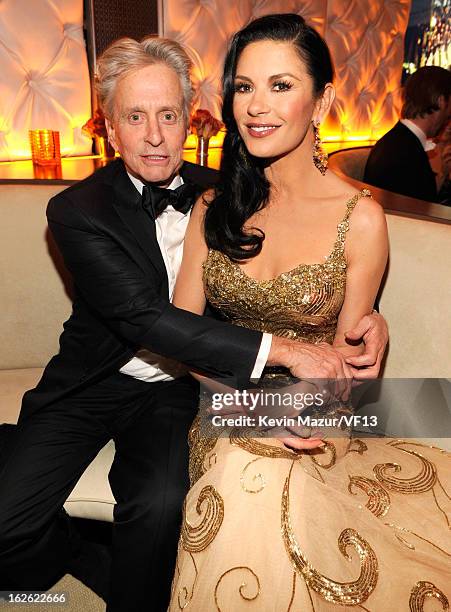 Michael Douglas and Catherine Zeta-Jones attend the 2013 Vanity Fair Oscar Party hosted by Graydon Carter at Sunset Tower on February 24, 2013 in...