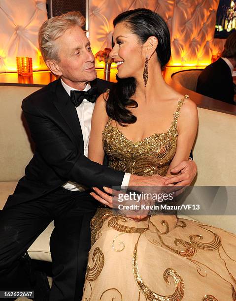 Michael Douglas and Catherine Zeta-Jones attend the 2013 Vanity Fair Oscar Party hosted by Graydon Carter at Sunset Tower on February 24, 2013 in...