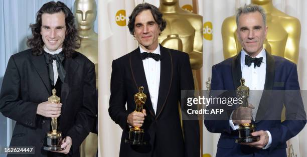 Combination of pictures shows actor Daniel Day-Lewis posing with his three Oscars for Best Actor in Hollywood, California : in March 2, 1990 for his...