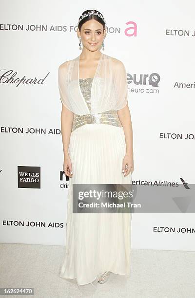 Emmy Rossum arrives at the 21st Annual Elton John AIDS Foundation Academy Awards viewing party held at West Hollywood Park on February 24, 2013 in...