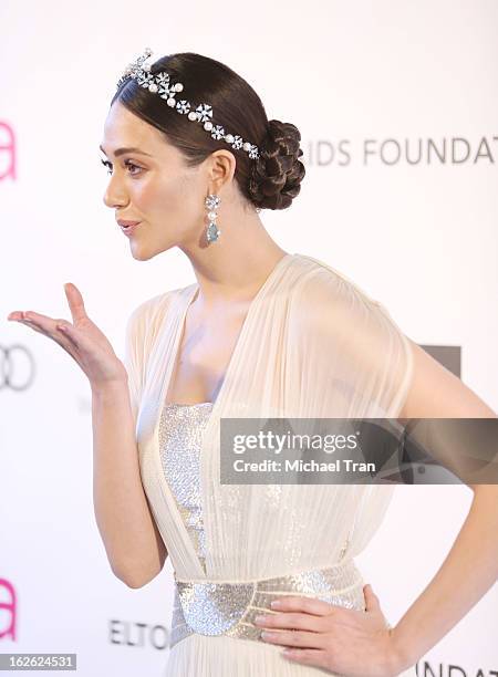 Emmy Rossum arrives at the 21st Annual Elton John AIDS Foundation Academy Awards viewing party held at West Hollywood Park on February 24, 2013 in...