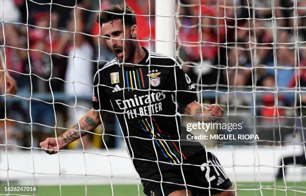 Benfica's Portuguese midfielder Rafa Silva celebrates scoring the second goal during the Portuguese league football match between Gil Vicente FC and...