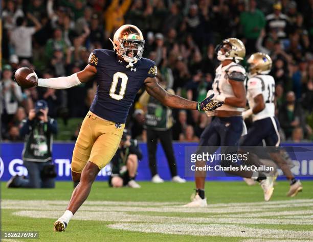 Deion Colzie of the Notre Dame Fighting Irish celebrates a touchdown during the Aer Lingus College Football Classic game between Notre Dame and Navy...