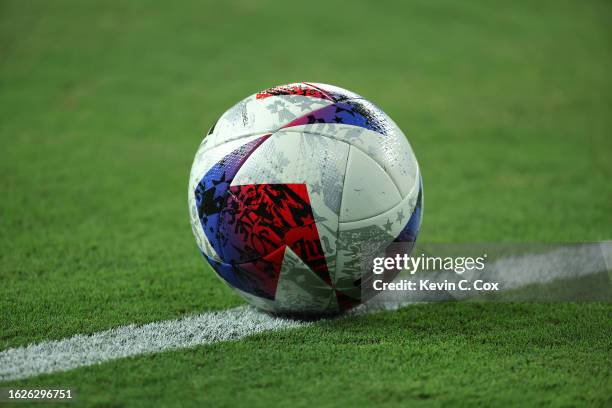 Detailed view of the match ball during the first half in the Leagues Cup 2023 final match between Inter Miami CF and Nashville SC at GEODIS Park on...