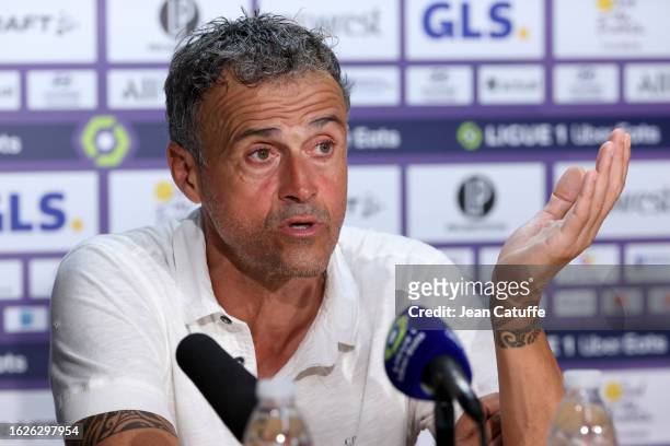 Coach Luis Enrique answers to the media during the post-match press conference following the Ligue 1 Uber Eats match between Toulouse FC and Paris...
