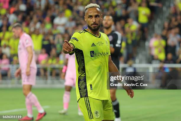 Hany Mukhtar of Nashville SC reacts after forcing a corner kick against the Inter Miami during the Leagues Cup 2023 final match between Inter Miami...