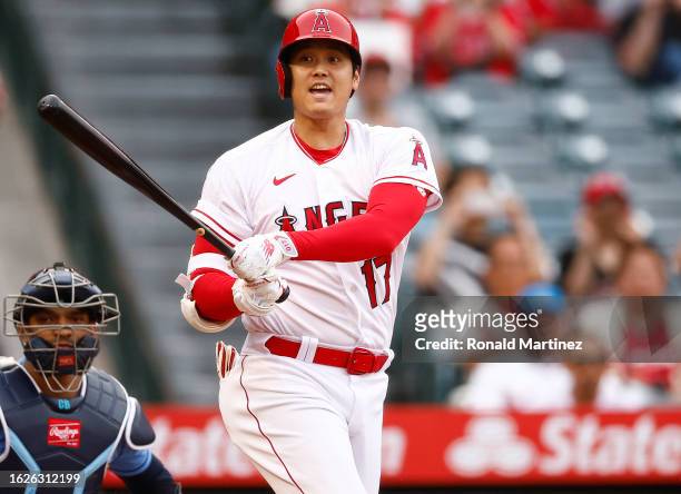 Shohei Ohtani of the Los Angeles Angels at bat against the Tampa Bay Raysin the first inning of game two of a doubleheader at Angel Stadium of...