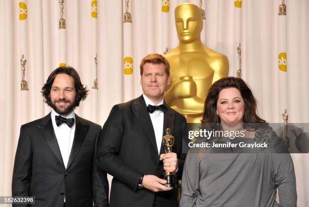 Director John Kahrs , winner of the Best Animated Short Film award for 'Paperman,' with presenters Paul Rudd and Melissa McCarthy, in the press room...