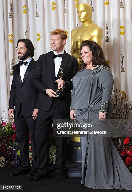 Director John Kahrs , winner of the Best Animated Short Film award for 'Paperman,' with presenters Paul Rudd and Melissa McCarthy, in the press room...