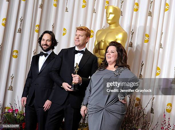 Director John Kahrs , winner of the Best Animated Short Film award for 'Paperman,' with presenters Paul Rudd and Melissa McCarthy, in the press room...