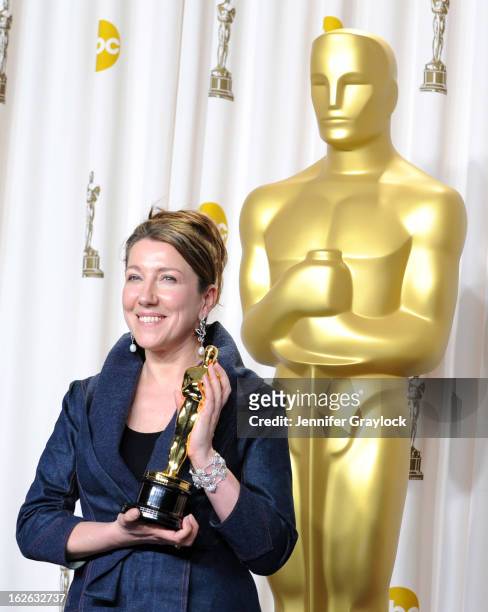 Costume designer Jacqueline Durran, winner of the Best Costume Design award for 'Anna Karenina,' in the press room during the 85th Annual Academy...