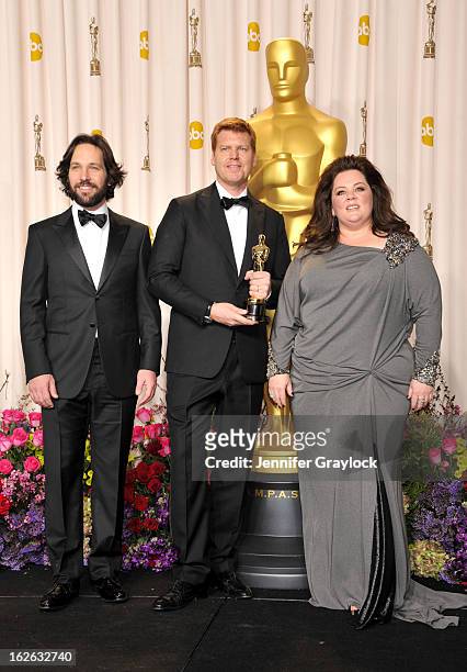 Director John Kahrs , winner of the Best Animated Short Film award for 'Paperman,' with presenters Paul Rudd and Melissa McCarthy, in the press room...