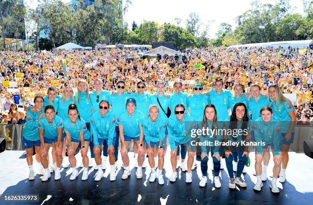 The Matildas pose for a photo during the Australian Matildas community reception following their 2023 FIFA Women's World Cup campaign, at City...