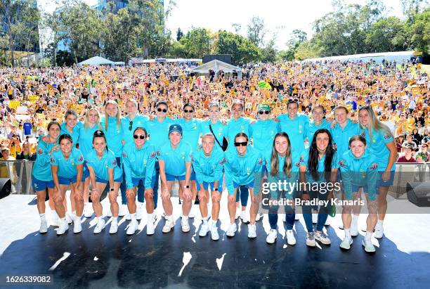 The Matildas pose for a photo during the Australian Matildas community reception following their 2023 FIFA Women's World Cup campaign, at City...