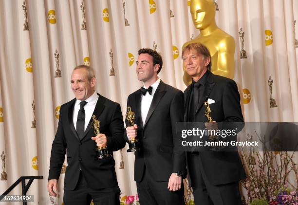 Andy Nelson, Mark Paterson and Simon Hayes pose in the press room during the 85th Annual Academy Awards held at Hollywood & Highland Center on...