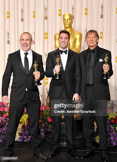 Andy Nelson, Mark Paterson and Simon Hayes pose in the press room during the 85th Annual Academy Awards held at Hollywood & Highland Center on...