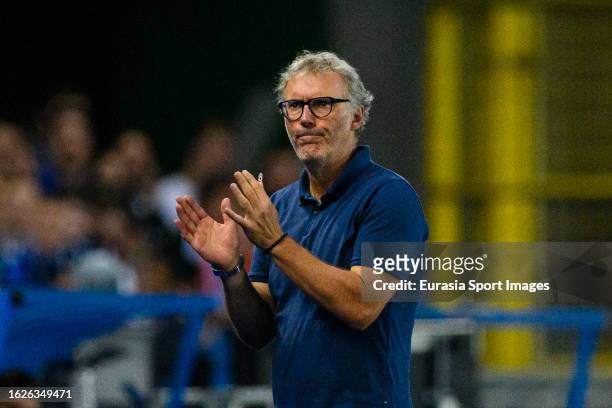 Olympique Lyon Head Coach Laurent Blanc gestures during the Ligue 1 Uber Eats match between RC Strasbourg and Olympique Lyon at Stade de la Meinau on...