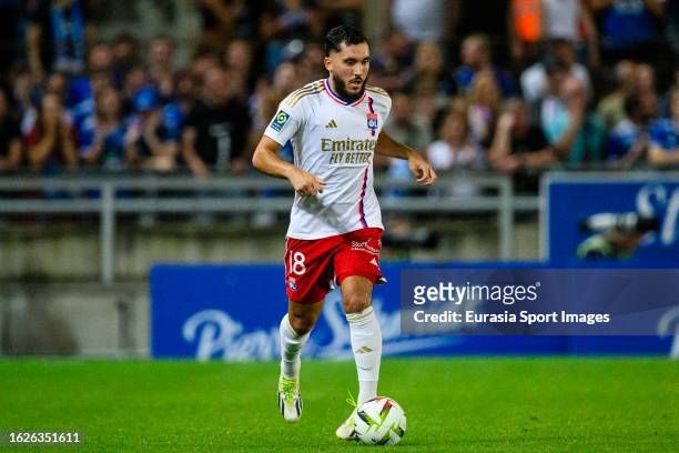 Rayan Cherki of Lyon controls the ball during the Ligue 1 Uber Eats match between RC Strasbourg and Olympique Lyon at Stade de la Meinau on August...