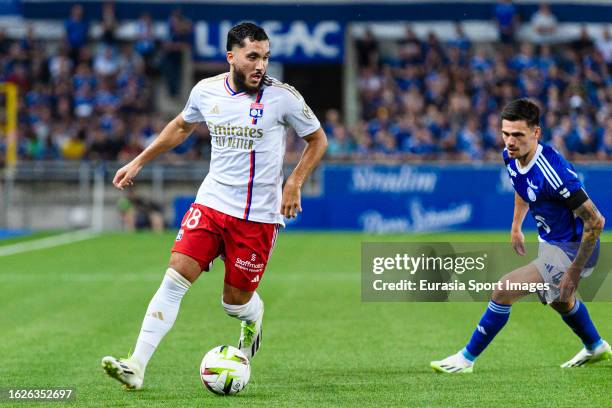 Rayan Cherki of Lyon in action during the Ligue 1 Uber Eats match between RC Strasbourg and Olympique Lyon at Stade de la Meinau on August 13, 2023...