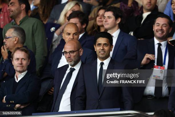 Paris Saint Germain's Qatari President Nasser Al-Khelaifi watches from the stands during the French L1 football match between Paris Saint-Germain and...